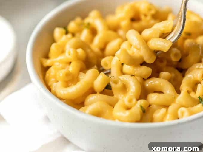 Velvety Homemade Mac & Cheese Delight 5 A spoonful of creamy macaroni and cheese being lifted from a serving dish