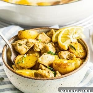 Mediterranean Lemon Herb Chicken and Potatoes 6 Circular image of Oregano Lemon Chicken and Potatoes.