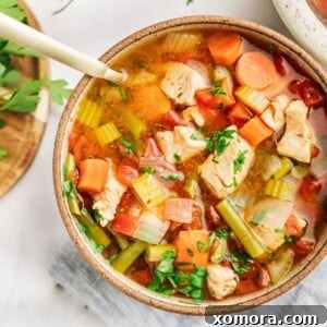 Instant Pot Chicken and Vegetable Soup, a close-up of the dish garnished with parsley in a white bowl.