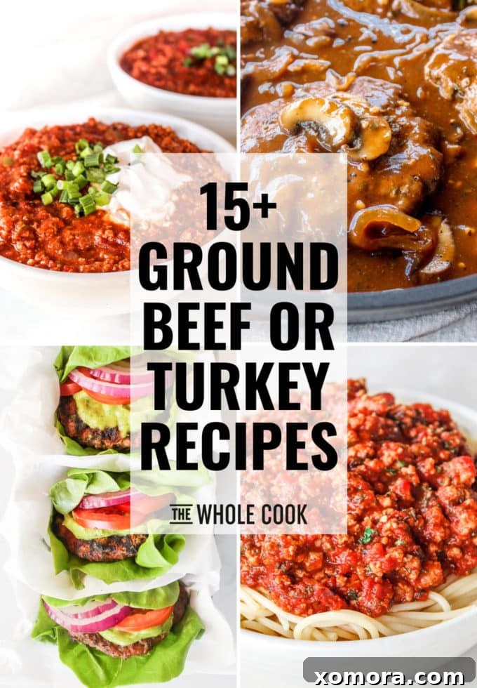 Go-To Ground Beef and Turkey Recipes 2 A vibrant collage of various dishes featuring ground beef and ground turkey, including chili, meatballs, and skillet meals, demonstrating their versatility.