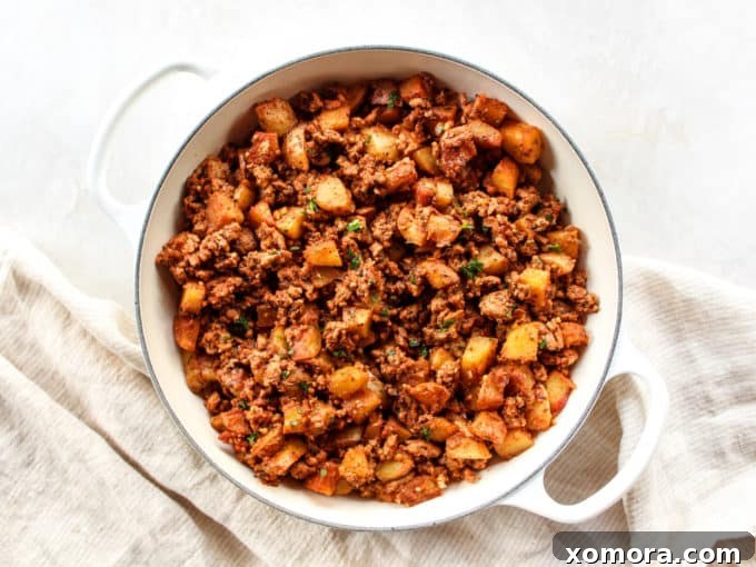 Ground Turkey and Potato Skillet served beautifully with a side of fresh green beans
