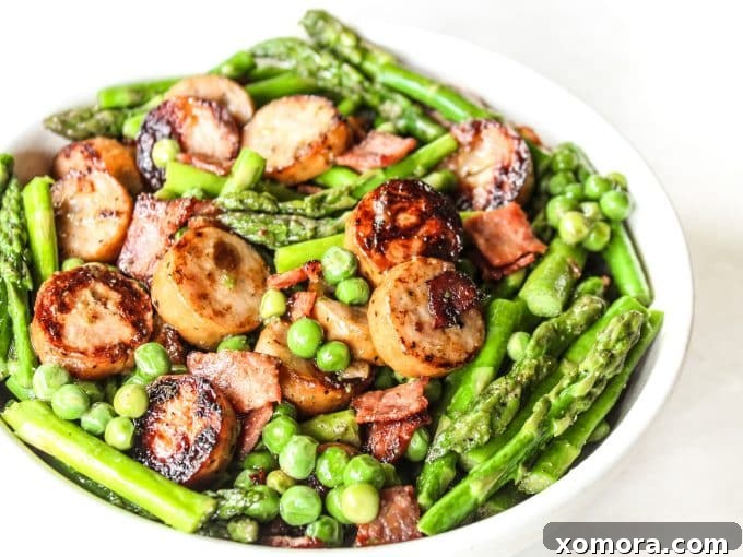 Spring Sausage Quick Fix 4 Another perspective of the Quick Sausage & Spring Veggies Skillet in a pan, showcasing the vibrant colors and appealing texture of the meal.