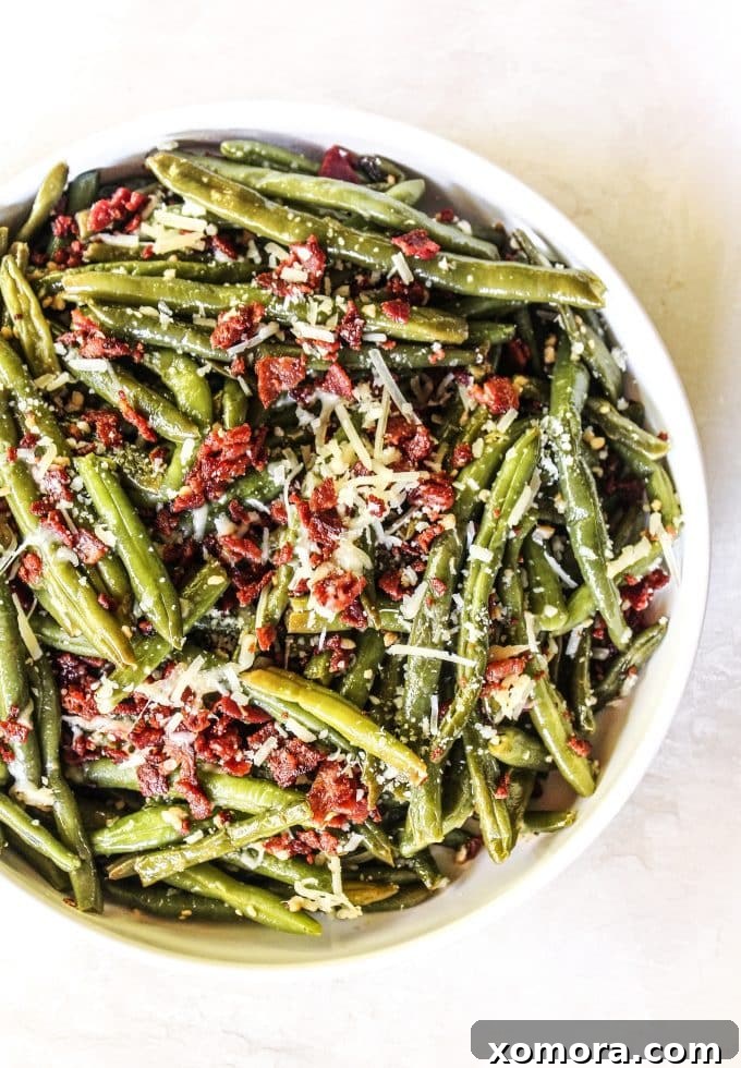 Crispy Bacon Parmesan Green Beans 2 Crispy Parmesan Bacon Green Beans in a skillet