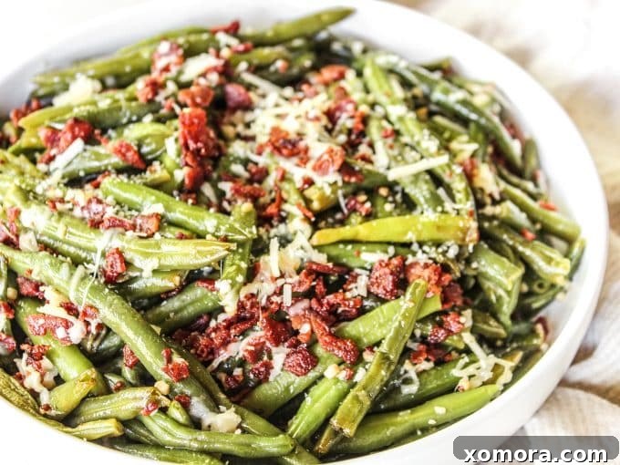 Crispy Bacon Parmesan Green Beans 3 Diced turkey bacon cooking in a skillet
