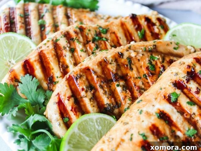 Wholesome Grilling Delights 25 Perfectly grilled Chipotle Lime Grilled Chicken breasts with a vibrant citrus garnish.