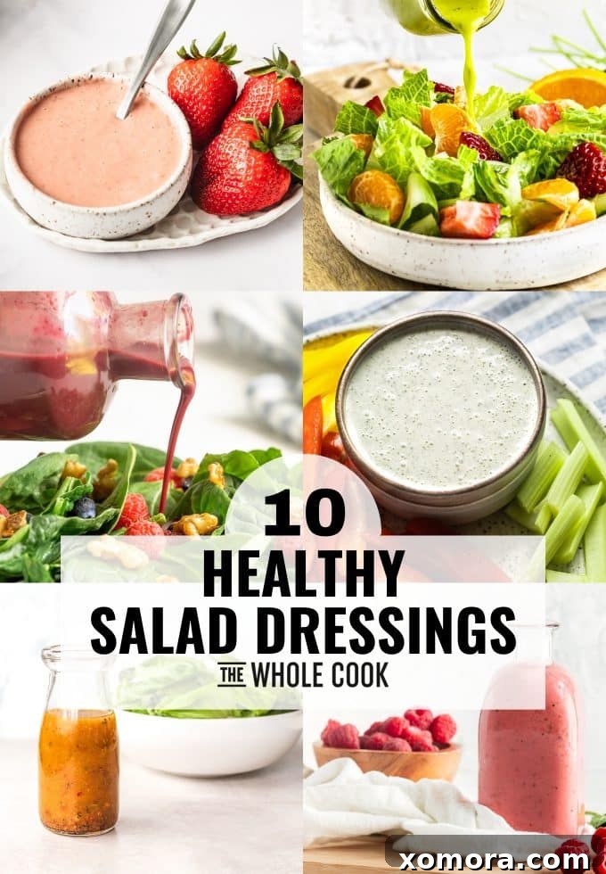 Flavorful & Guilt-Free Salad Dressings 2 Assorted homemade healthy salad dressings in various bottles and jars, showcasing fresh ingredients and vibrant colors.