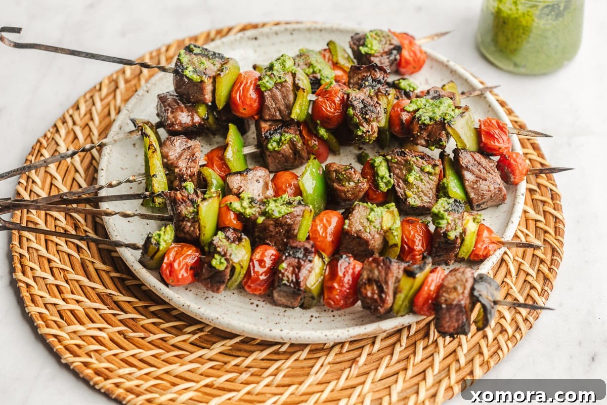 Reader-Approved Healthy Dinners 8 Pesto Steak Kabobs with Blistered Tomatoes & Peppers.