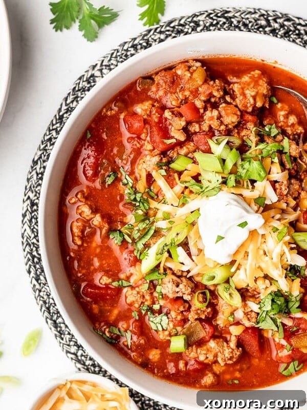Reader-Approved Healthy Dinners 9 The Best No Bean Low Carb Turkey Chili, served in a bowl.