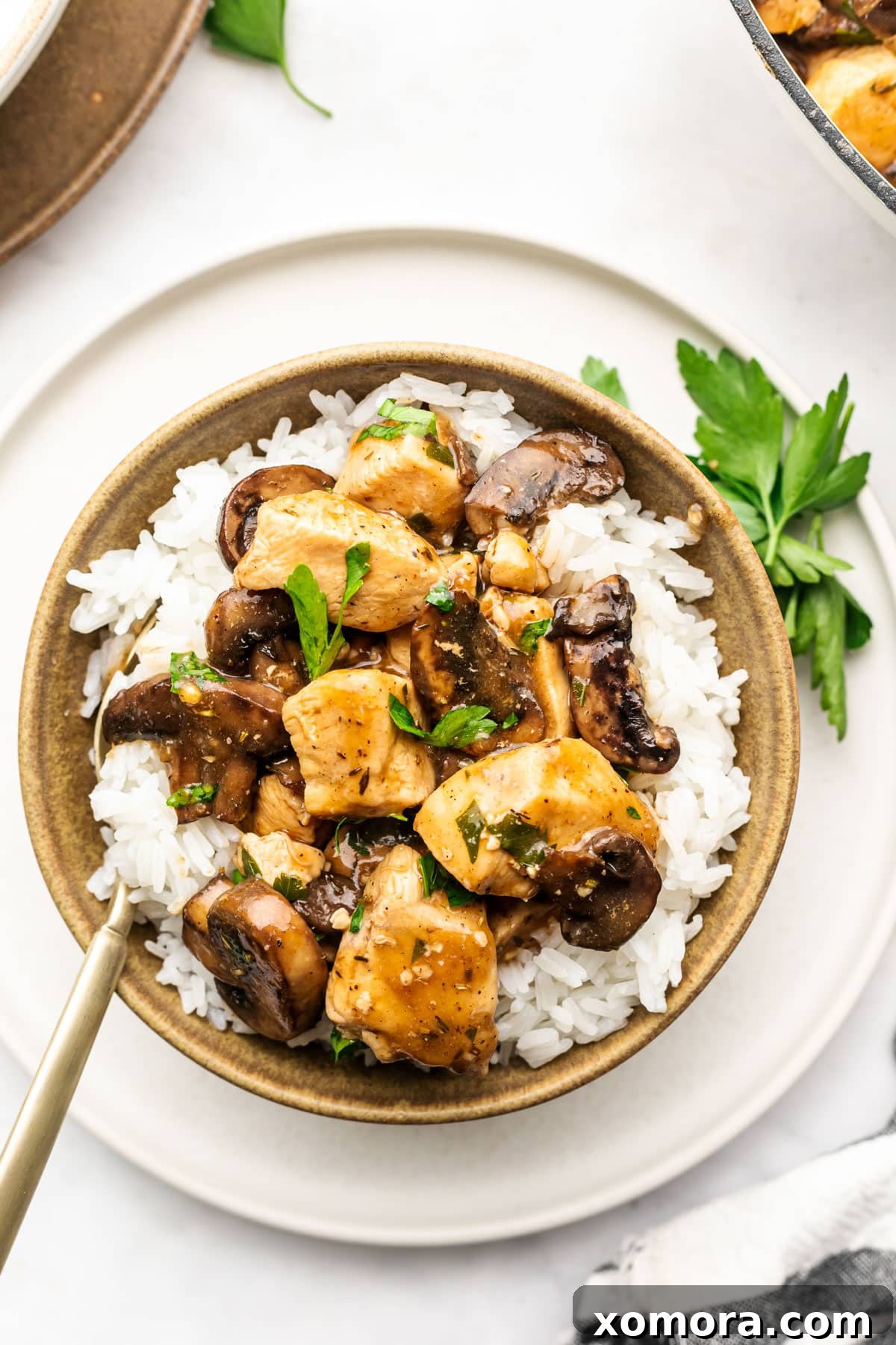 Mushroom Smothered Chicken 2 Tender chicken pieces smothered in a creamy mushroom gravy, served over a bed of fluffy rice.