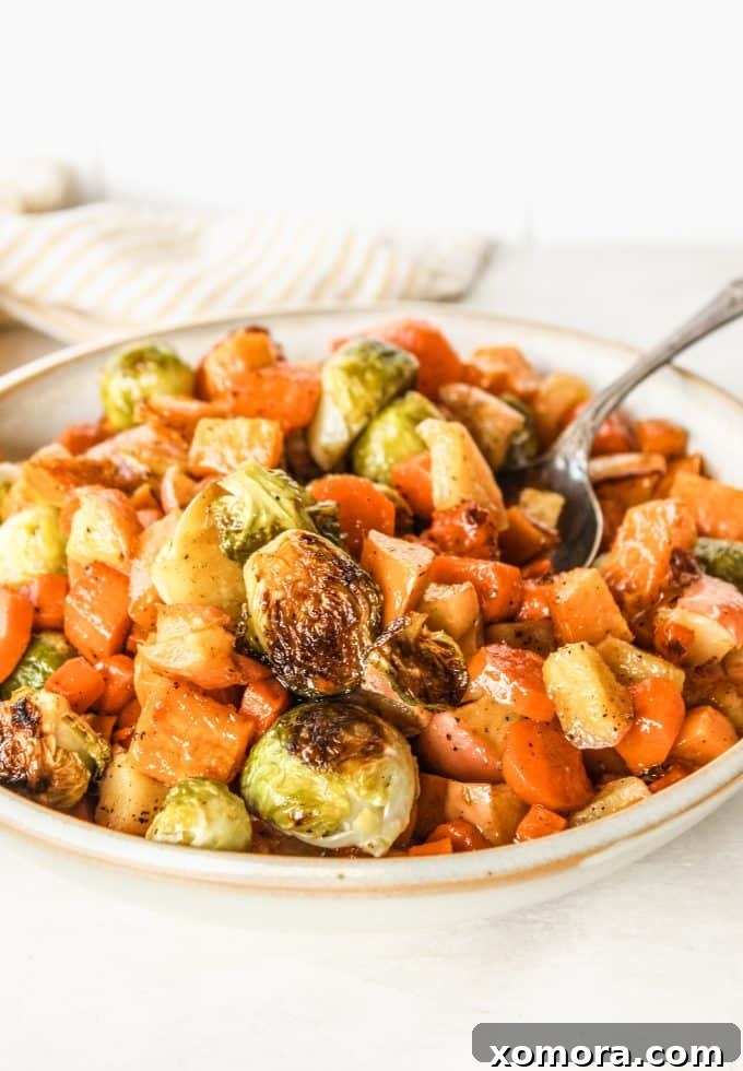 Golden Maple Glazed Roasted Vegetables 2 Maple Roasted Veggies on a baking sheet, ready to be served