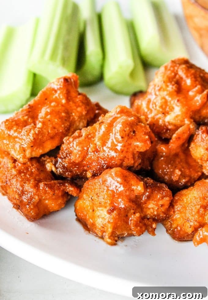 Fiery Buffalo Poppers 2 Crispy Buffalo Chicken Bites in a bowl