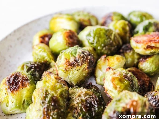 Crispy Caramelized Brussels Sprouts 4 A close-up of a single roasted Brussels sprout half with beautifully charred and crispy edges.