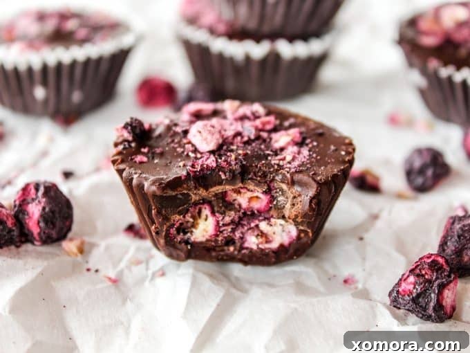 Indulgent Dark Chocolate Blueberry Treats 4 The three main ingredients: dark chocolate chips, coconut oil, and freeze-dried blueberries laid out.