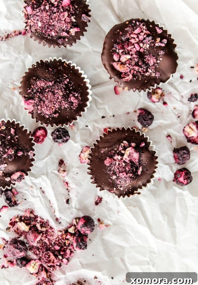 Indulgent Dark Chocolate Blueberry Treats 5 Finished Dark Chocolate Blueberry Cups presented elegantly, ready to be enjoyed.