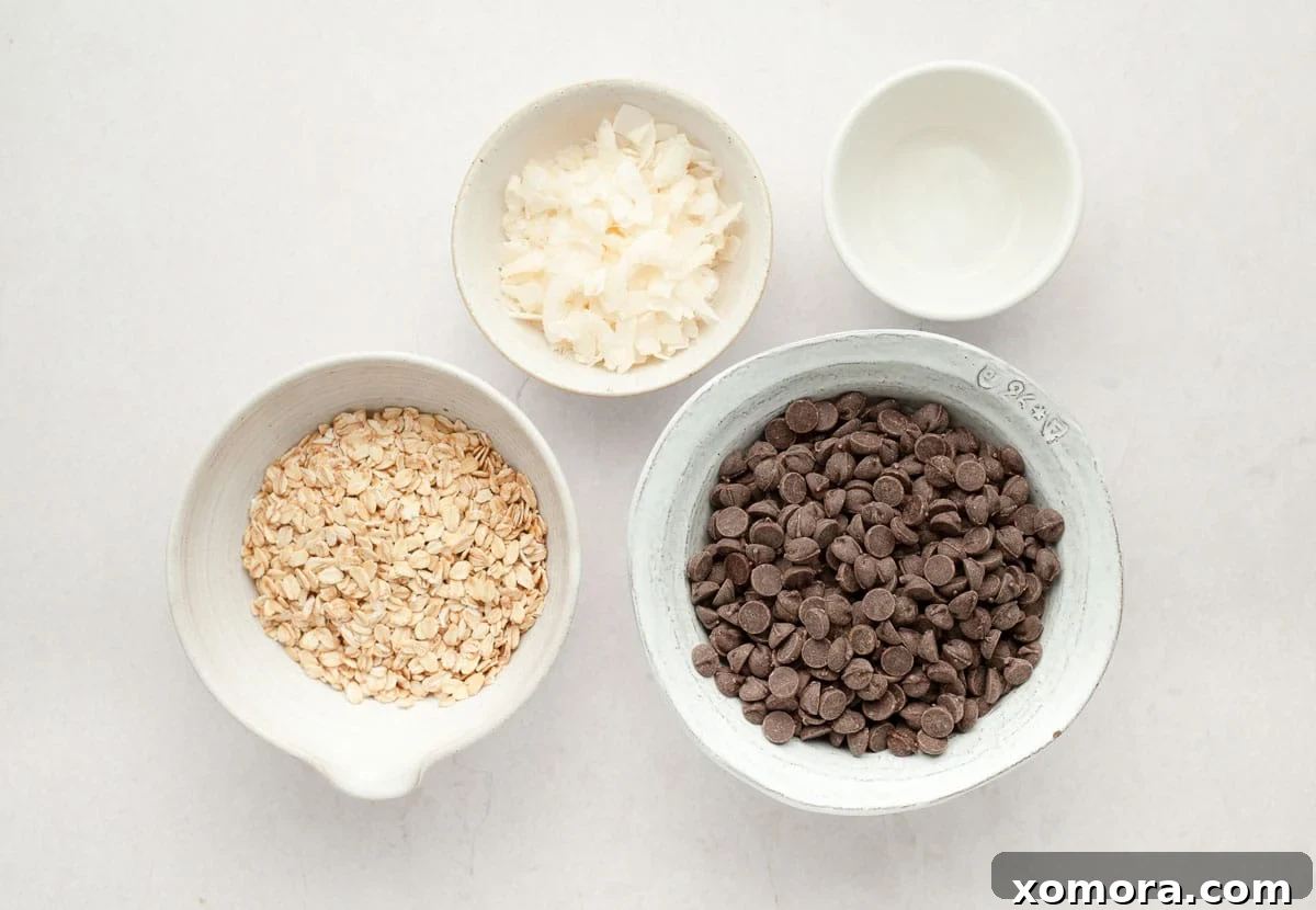 A closer look at No Bake Chocolate Coconut Cookies, showing the texture of oats and shredded coconut within the chocolate base.