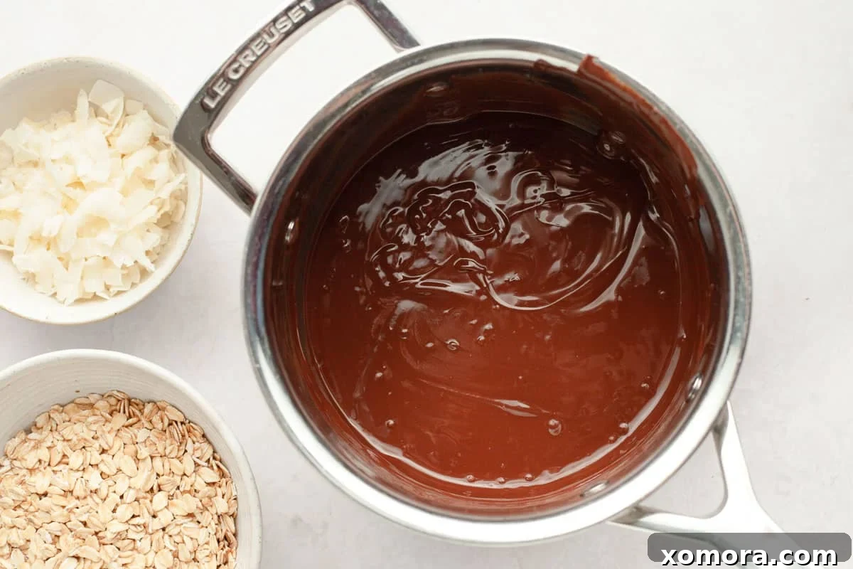 Ingredients for No Bake Chocolate Coconut Cookies laid out on a kitchen counter.