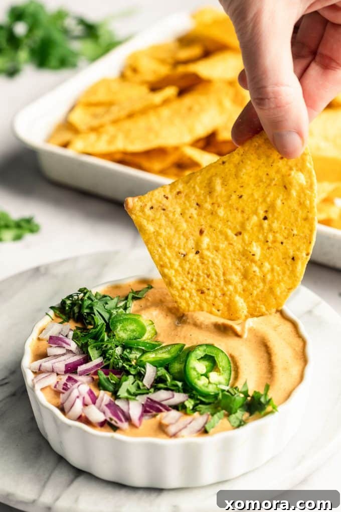 A serving of dairy-free cashew queso garnished with fresh cilantro and chopped red onions.