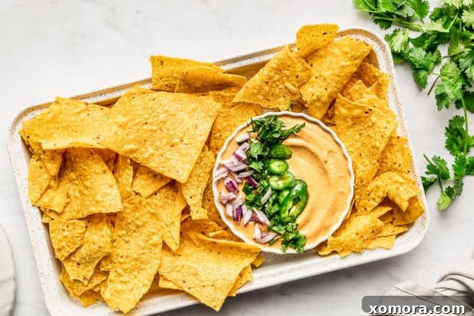 Various snacks dipped in dairy-free cashew queso, including tortilla chips and veggie sticks.