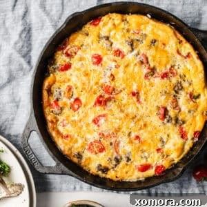 A perfectly cooked Cheeseburger Frittata with a golden brown crust, ready for serving