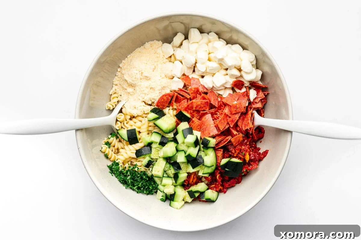 Effortless Italian Pasta Salad 3 Overhead shot of Make Ahead Italian Pasta Salad in a serving bowl