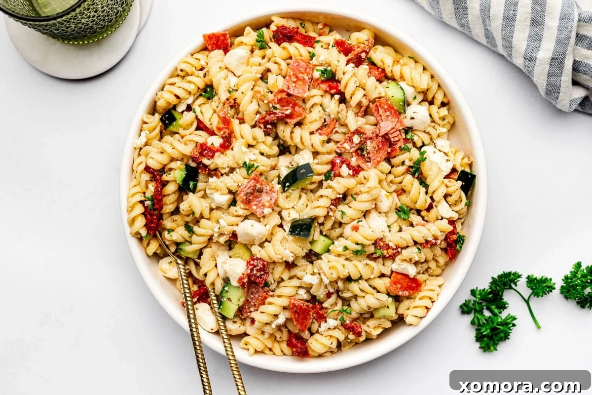 Effortless Italian Pasta Salad 5 Close-up of Make Ahead Italian Pasta Salad, showing texture of rotini pasta and fresh ingredients
