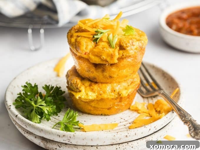 Savory Beef & Cheese Breakfast Muffins 3 Close-up of Beef and Cheddar Egg Muffins in a muffin tin, showing the golden cheese topping.
