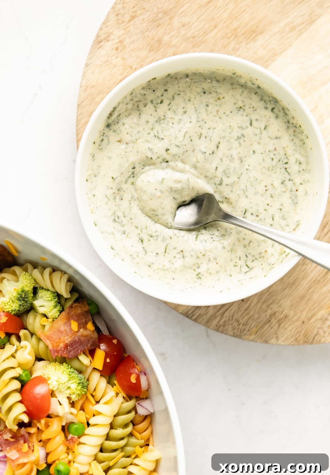 Ultimate Creamy Bacon Ranch Pasta 4 Ingredients laid out for Creamy Bacon Ranch Pasta Salad.