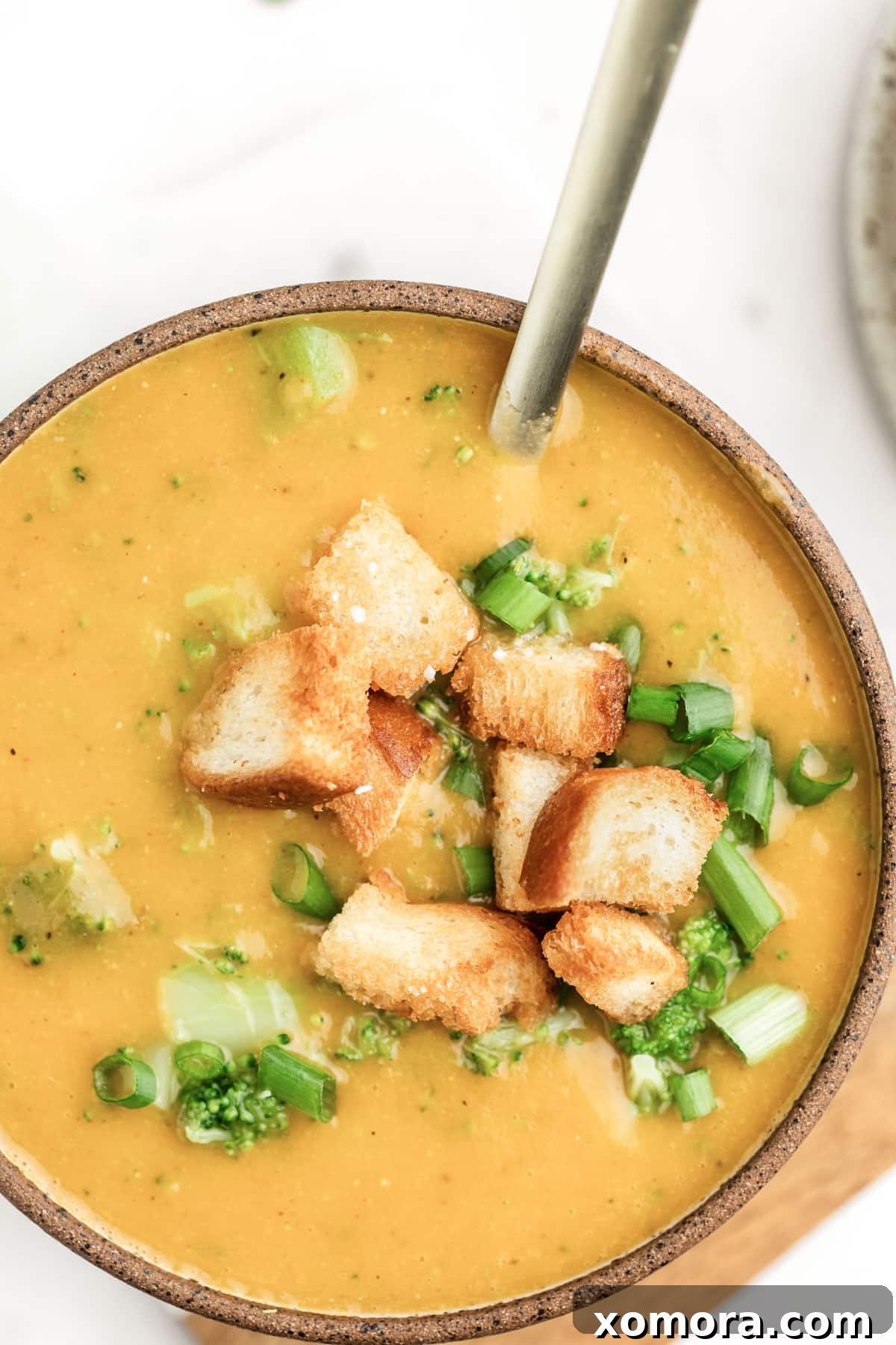 Creamy Dairy Free Broccoli Cheddar Soup 2 A vibrant bowl of creamy dairy-free broccoli cheese soup, garnished with fresh herbs, showcasing its rich texture and appetizing color.