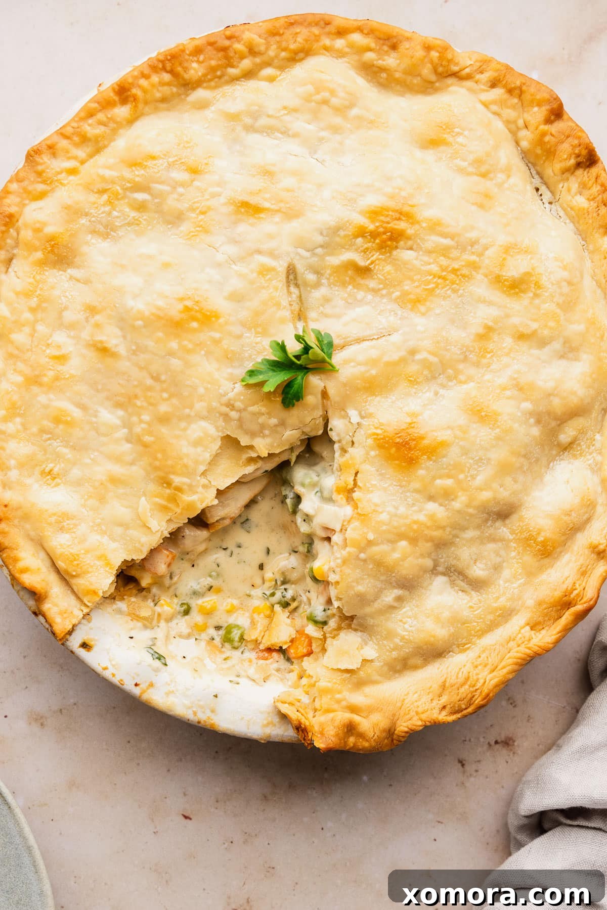 Effortless Homemade Chicken Pot Pie with Store-Bought Crust 2 Golden-brown homemade chicken pot pie with a flaky crust, fresh herbs, and a creamy filling.