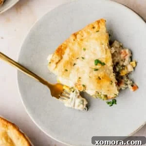 Effortless Homemade Chicken Pot Pie with Store-Bought Crust 9 A freshly baked slice of easy homemade chicken pot pie, showing the creamy filling and flaky crust.