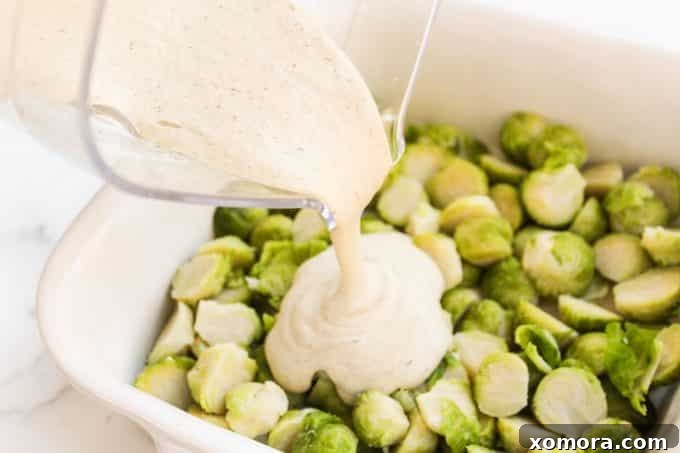 Creamy Vegan Brussels Sprouts Gratin 4 Dairy-Free Brussels Sprouts Gratin fresh out of the oven, golden and bubbly.