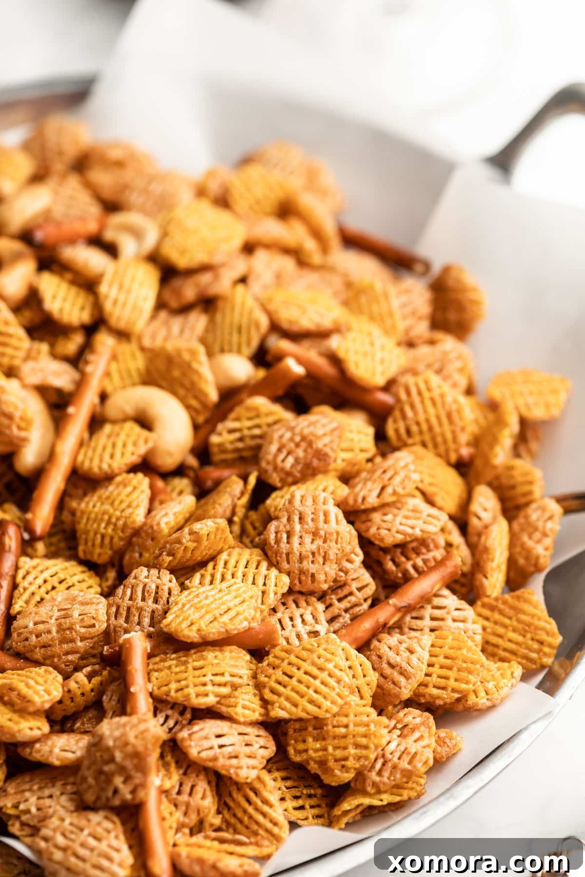 Vickey Celebration Mix 2 A festive bowl of Vickey's Party Mix, ready for holiday snacking and casual entertaining.
