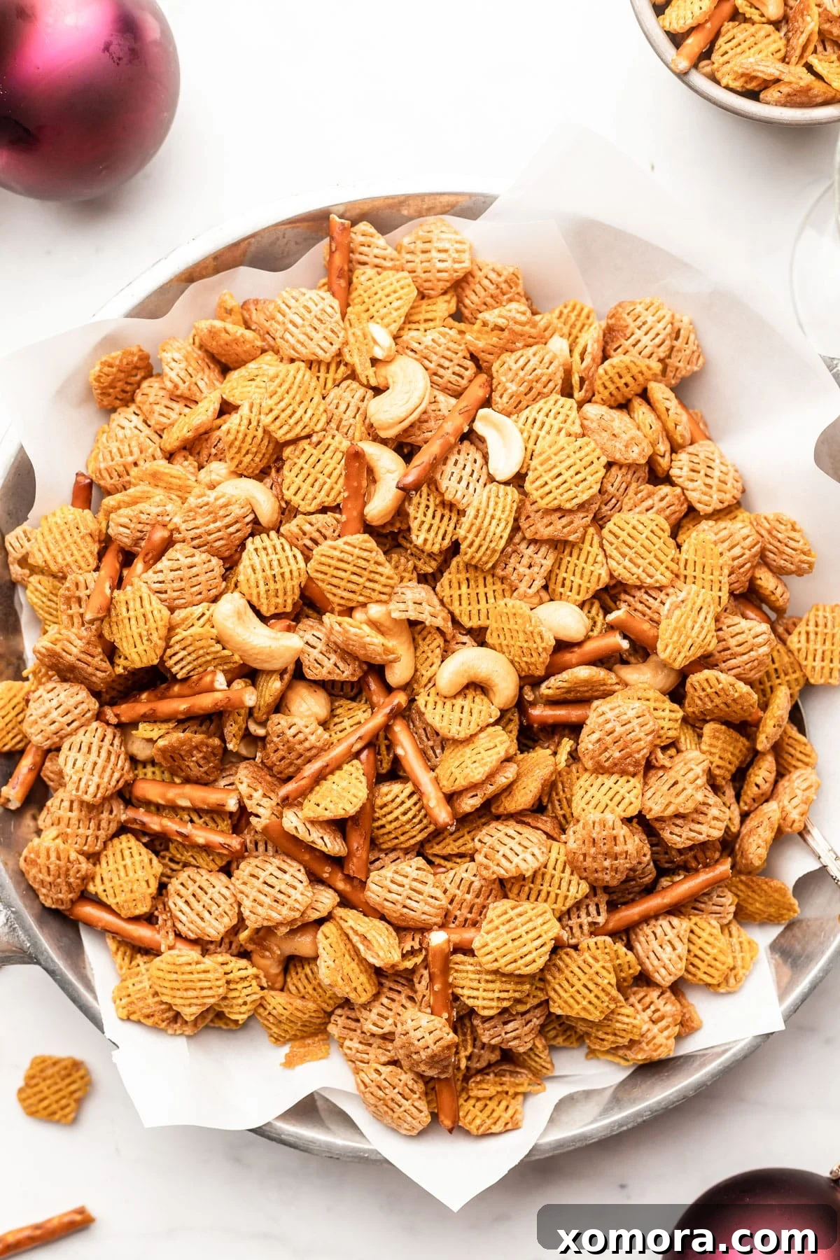 Vickey Celebration Mix 5 A close-up of the finished Vickey's Party Mix, showcasing its irresistible texture and golden seasoning.
