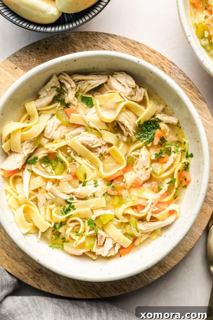Homestyle Chicken Noodle Comfort 2 A steaming bowl of homemade chicken noodle soup, garnished with fresh parsley.