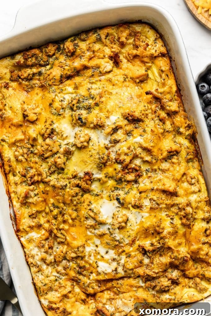Hearty Sausage and Cheddar Morning Bake 2 Delicious and fluffy make-ahead breakfast casserole, perfect for holidays and special occasions.