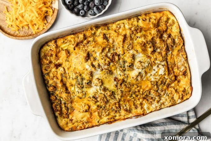 Hearty Sausage and Cheddar Morning Bake 4 Fully baked breakfast casserole, golden brown and bubbling, fresh from the oven.