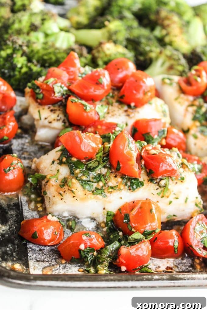 Zesty Tomato Basil Cod with Tender Broccoli 2 A beautifully plated baked cod filet topped with roasted tomatoes and fresh basil, served alongside vibrant green broccoli florets.