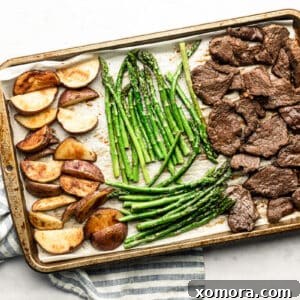 Sheet Pan Steakhouse at Home 6 A full sheet pan steak dinner, plated and ready to eat.