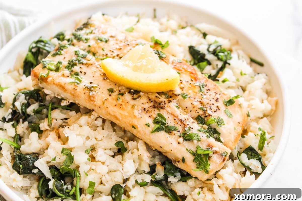mahi mahi in a bowl with cauliflower rice