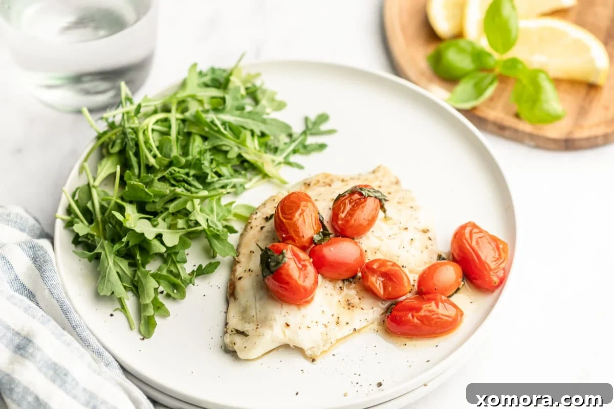 Sun Kissed Flounder with Lemon and Tomatoes 4 Plated baked flounder with grape tomatoes, basil, and a lemon wedge, served with rice
