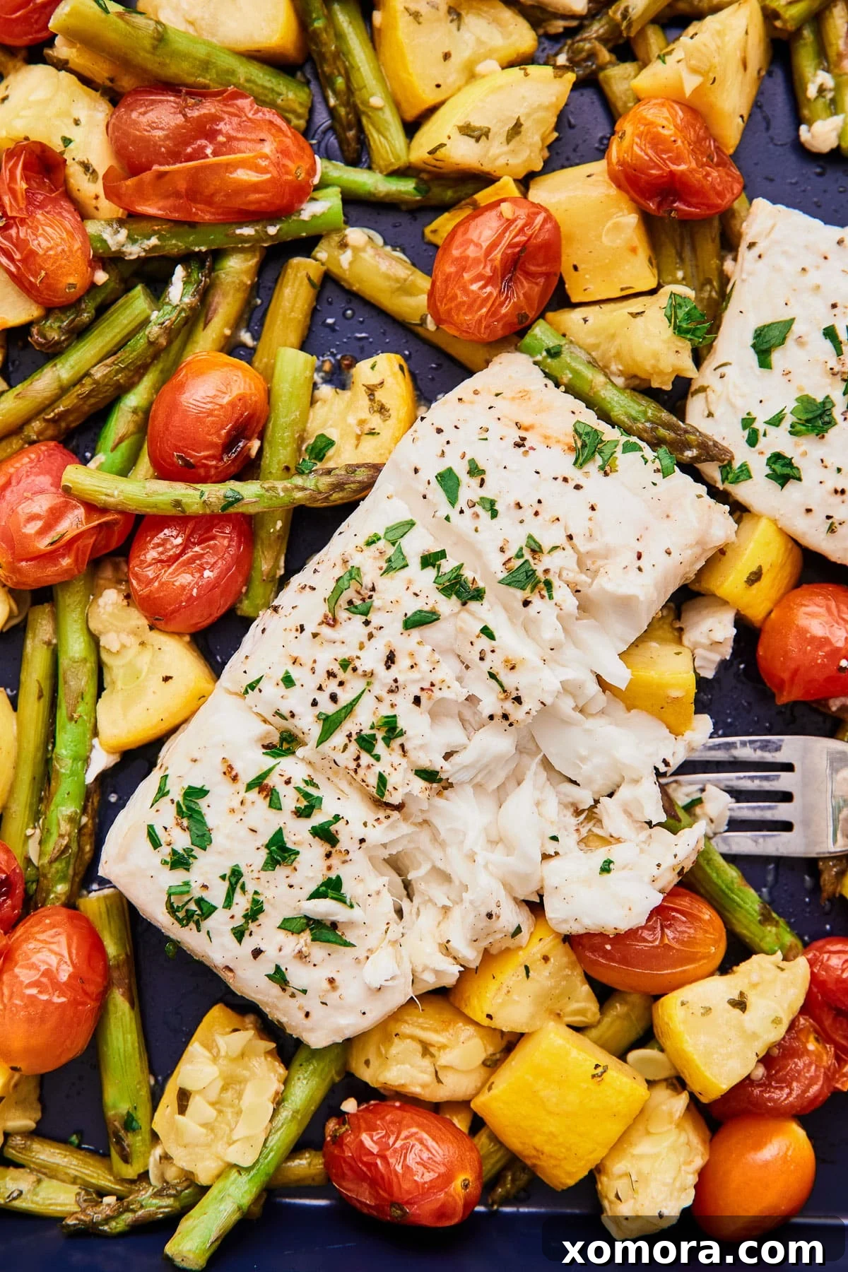 Sheet Pan Halibut and Roasted Vegetables 2 Easy Baked Halibut with Vegetables cooked on a sheet pan
