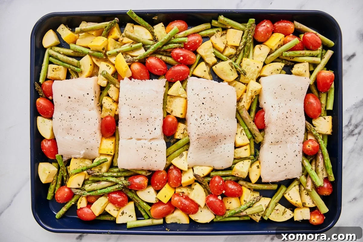 Sheet Pan Halibut and Roasted Vegetables 4 Close-up of fresh ingredients for baked halibut and vegetables