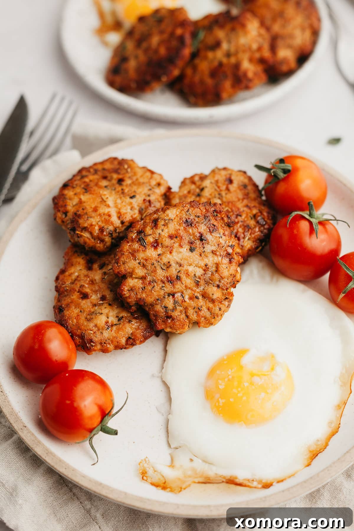 Crispy Air-Fried Turkey Breakfast Links 2 Golden-brown air fryer turkey breakfast sausage patties stacked on a white plate with fresh rosemary garnish.
