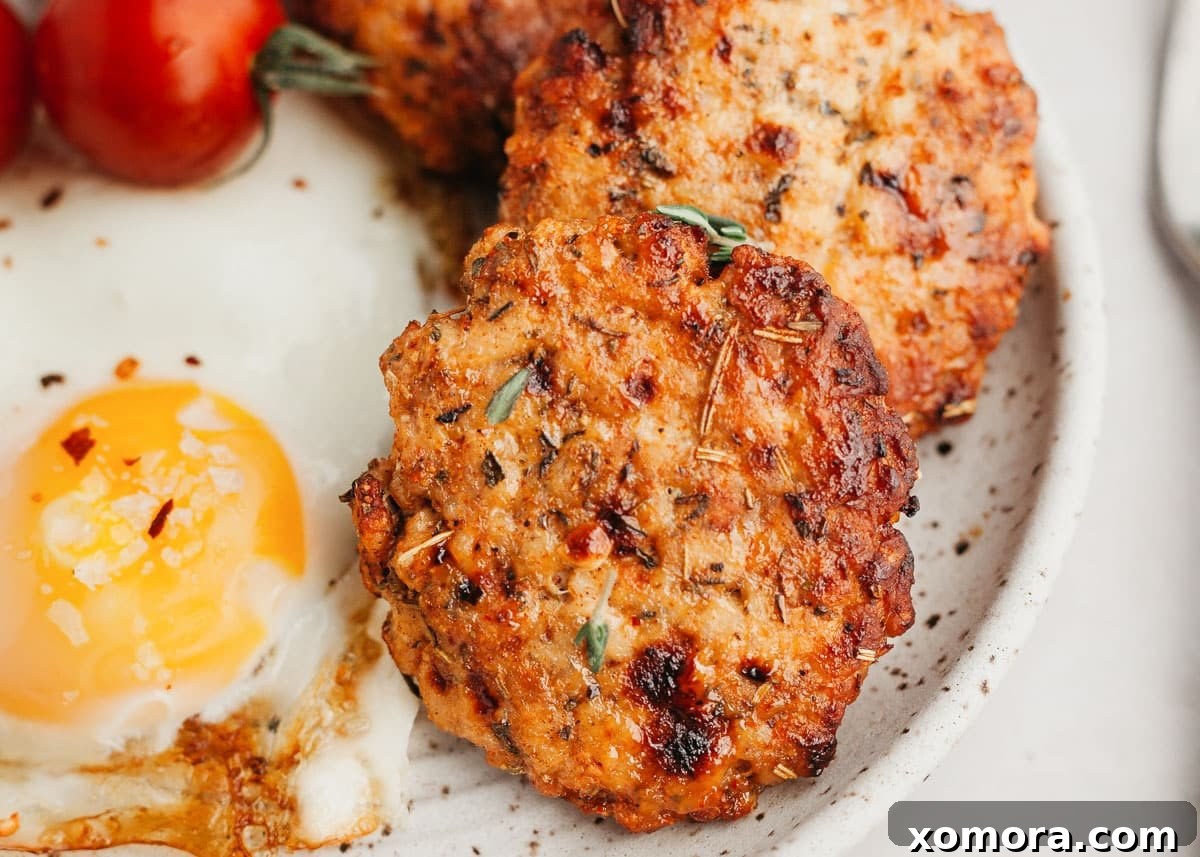 Crispy Air-Fried Turkey Breakfast Links 5 A cutting board with cooked turkey sausage patties, some sliced, accompanied by fresh rosemary and maple syrup.