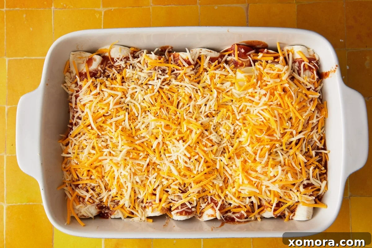Effortless Cheesy Chicken Enchiladas 5 A single chicken enchilada garnished with sour cream, cilantro, and pico de gallo.
