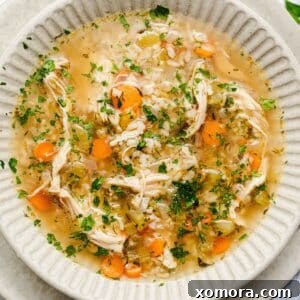 A round image of a hearty bowl of Easy Chicken and Rice Soup, ready to be served.