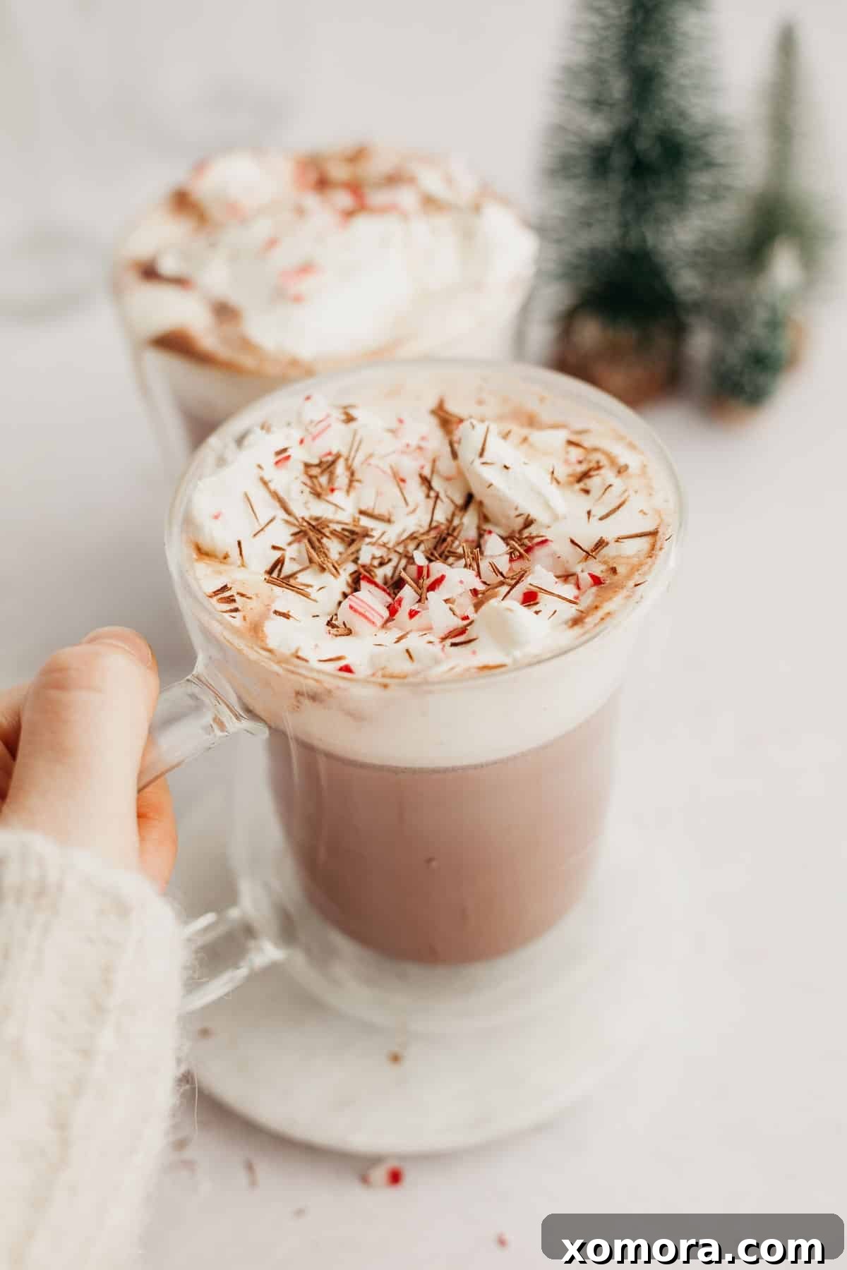 Wholesome Peppermint Hot Cocoa 6 Two mugs of homemade peppermint hot chocolate, beautifully garnished with whipped cream, crushed candy canes, and festive sprinkles, ready to be enjoyed.