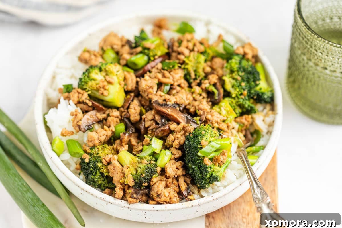 Quick and Healthy Ground Chicken Broccoli Stir-Fry 3 Close up of cooked ground chicken and broccoli stir fry