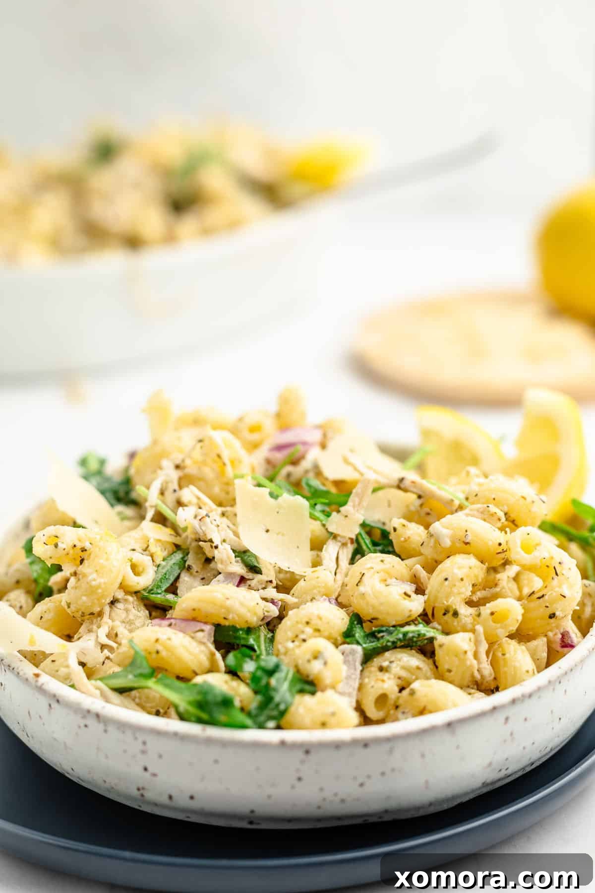 Sunshine Lemon Pasta Bowl 3 Overhead view of a large bowl of lemon pasta salad, ready to be served