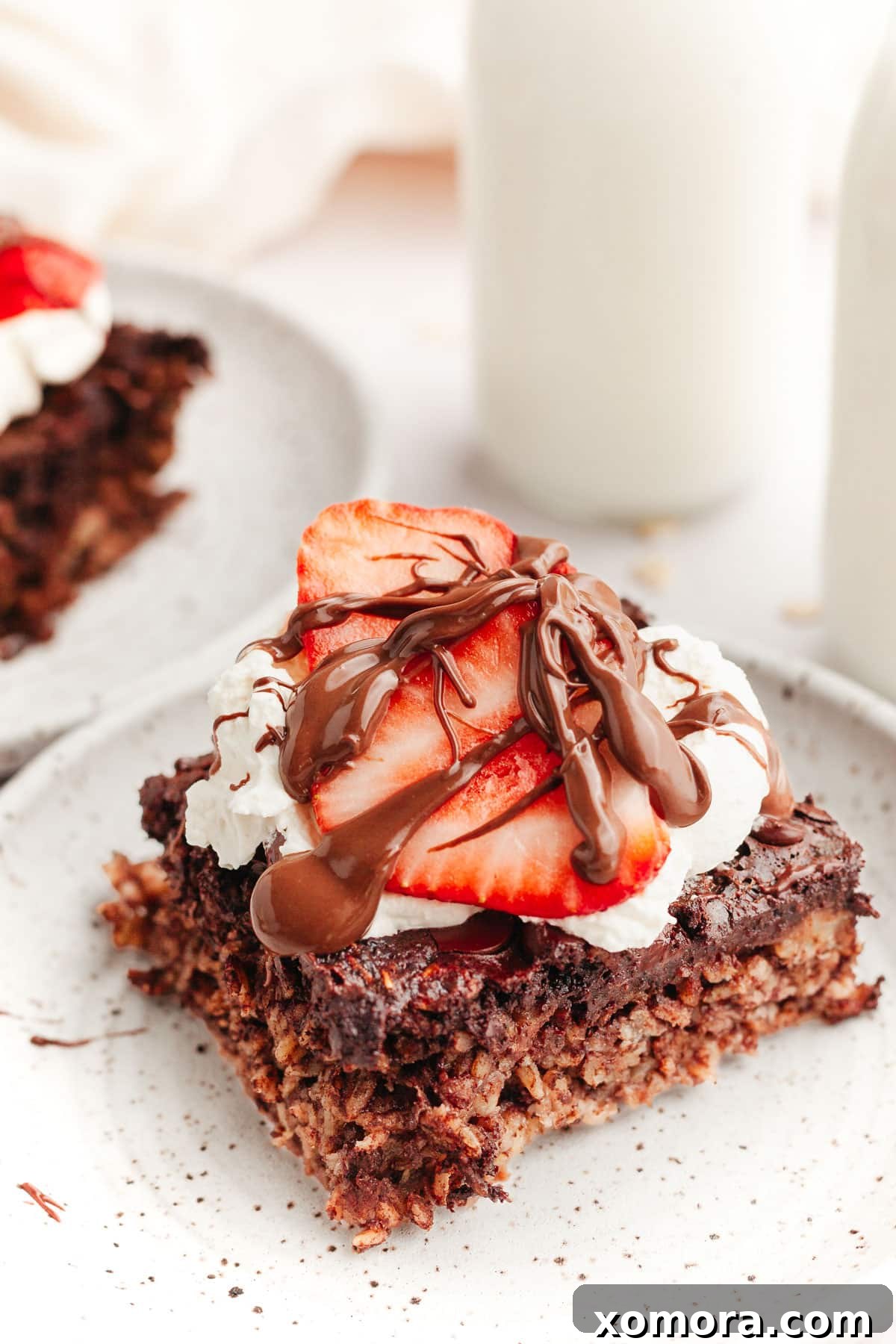 Fudgy Chocolate Baked Oats 2 Delicious slice of Chocolate Baked Oatmeal ready to be served
